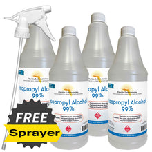 Load image into Gallery viewer, Isopropyl Alcohol 99% Anhydrous - 1 Gallon, Pack of 4 Quarts - Includes ONE Sprayer - Isopropyl-Alcohol.Com