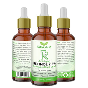 2.5% Retinol Serum by Evita Derm 2 oz - With Hyaluronic Acid, Vitamin C & E, Peptide and Aloe Vera - Isopropyl-Alcohol.Com