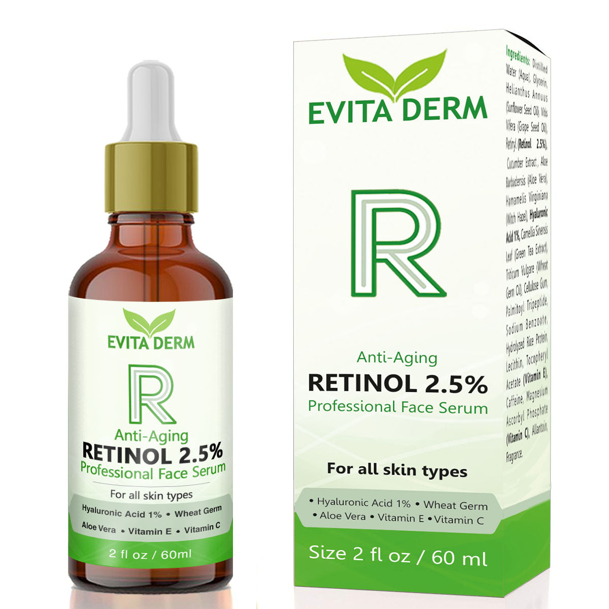 Evita Derm 2.5 Retinol Serum With Hyaluronic Acid, Vitamin C & E, Peptide, Aloe Vera Boost Collagen, Reduce Wrinkles