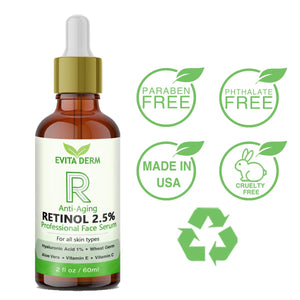 2.5% Retinol Serum by Evita Derm - 2 oz - With Hyaluronic Acid, Vitamin C & E, Peptide and Aloe Vera - Isopropyl-Alcohol.Com